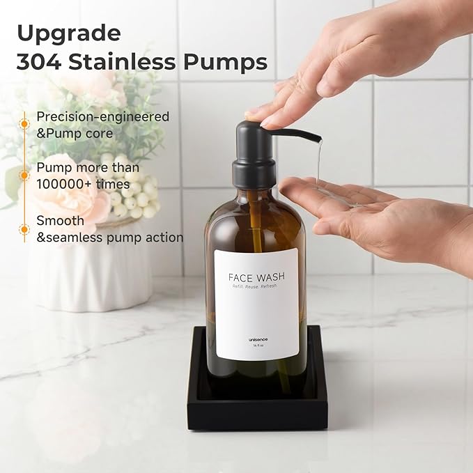 Glass Soap Dispenser Set for Kitchen, Hand and Dish Soap Dispenser with Stainless Steel Pump & Resin Tray, Rental-Modern Refillable Countertop Soap Dispenser for Kitchen Hotel,Amber