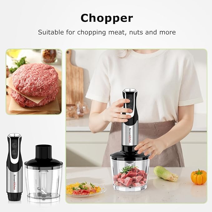 Bonsenkitchen 4-in-1 Immersion Blender Handheld with Food Processor, 12 Speeds Hand Blender with Turbo Mode, Stainless Steel Blade, Egg Whisk, Beaker & Chopper Bowl, Stick Mixer for Smoothie, Puree