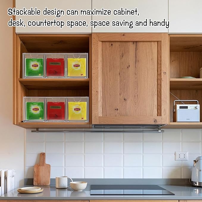 6 Drawers Tea Bag Organizer, Clear Acrylic Tea Bag Storage Organizer, Stackable Tea Packet Drawers Holder for Cabinet, Pantry, Kitchen, Countertop