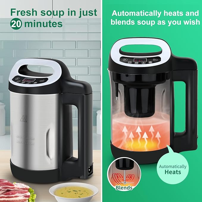 Soup Maker 1.6 L, 4-in-1 Multifunctional Smooth Soup and Chunky Soup Machine Maker with LCD Control Panel, Stainless Steel Electric Hot Soup Maker, 2-5 Servings, Smart Living for Home Use