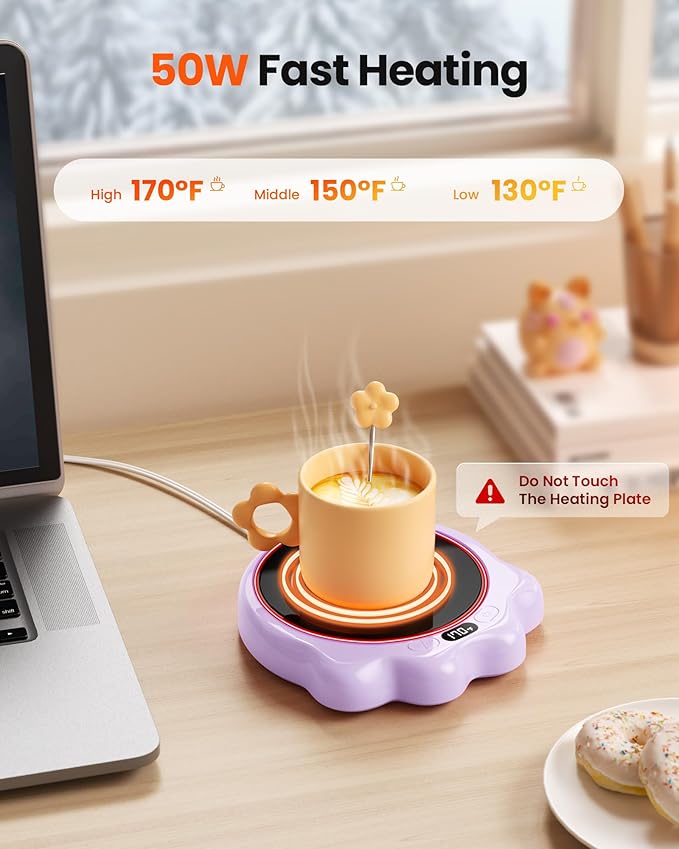 Gaiatop Mug Warmer, 50W Cute Cat Paw Cup Warmers, 3 Temp Settings, 2-10H Auto Shut Off, Coffee Accessories Keep Beverage Hot for Desk and Home, Heated Plate Stocking Stuffers for Tea Candle Purple