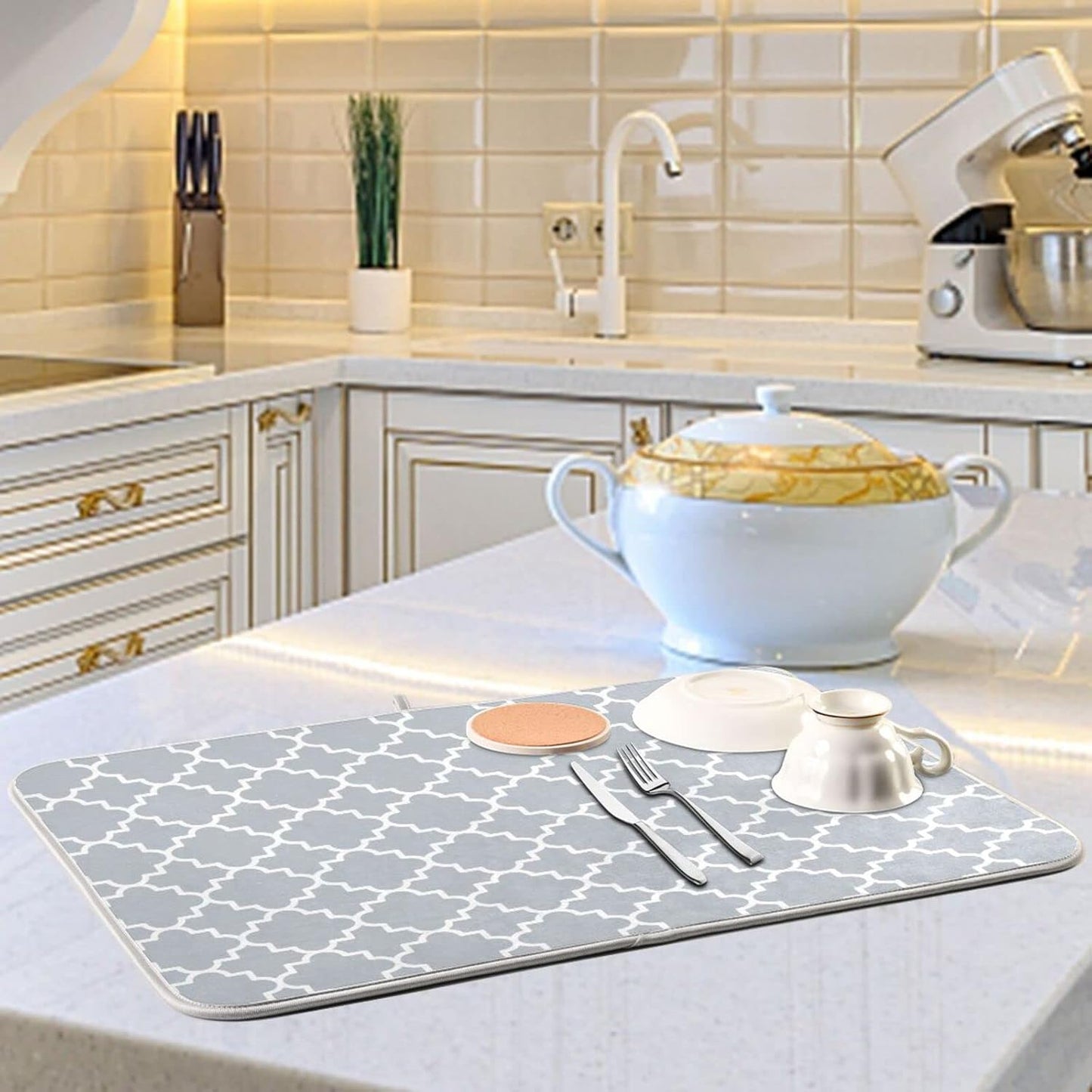 senya Super Absorbent Dish Drying Mat, Microfiber Fast-Drying Dish Mat, 16'' x 18'', Kitchen Dish Drying Pad, Grey Moroccan, 16x18in