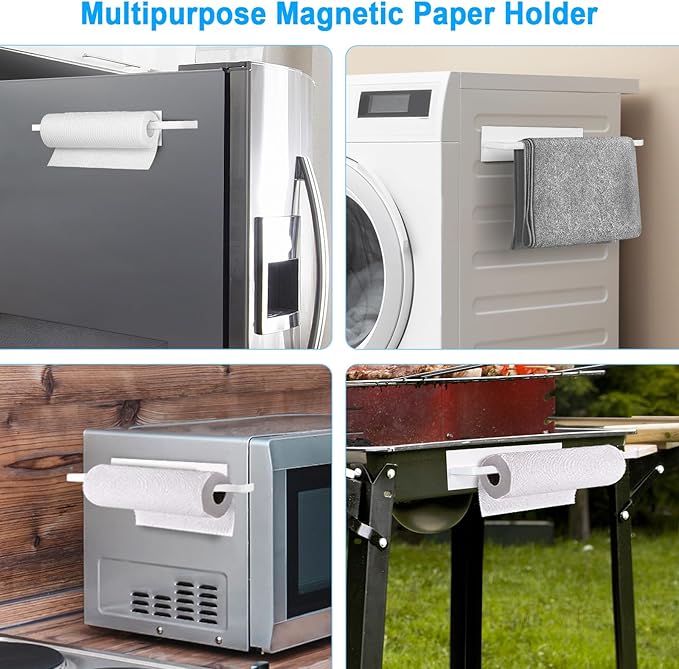 Paper Towel Holder Magnetic, Magnetic Paper Towel Holder for Fridge, Toilet Paper Roll Holder Magnet Towel Rack Wall Mount Shelf Bar for Towels Rolls Bathroom RV Dorm Kitchen Wall Decor, White 2 Pack