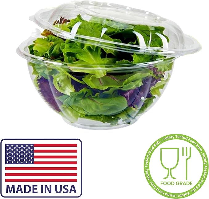 Mr Miracle Clear 24 Ounce Plastic Salad Bowls with Snap-On Lids. 50 Pack. Airtight Disposable Salad Containers for Lunch, Meal Prep, Parties. Ideal as Disposable Salad Bowls with Lids
