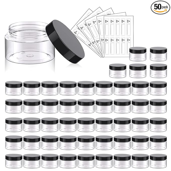 50 Pack 1 OZ Plastic Jars Round Clear Cosmetic Container Jar with Lids, Eternal Moment Plastic Slime Jars for Lotion, Cream, Ointments, Makeup, Eye shadow, Rhinestone, Samples, Pot, Travel Storage