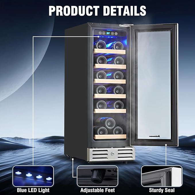 Kalamera Mini Fridge 18 Bottle - 12 inch Wine Cooler Refrigerator, Built-in or Freestanding, with Stainless Steel & Double-Layer Tempered Glass Door, and Temperature Memory Function Wine Fridge