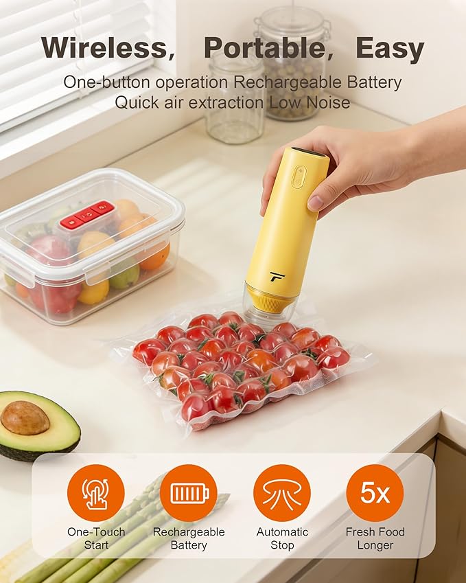 Vacuum sealer for food, Chef’s Design to Preserve Freshness, Compact Handheld Vacuum Sealer with 30 Reusable Bags, Professional-Grade for Food Storage Savers, Mustard