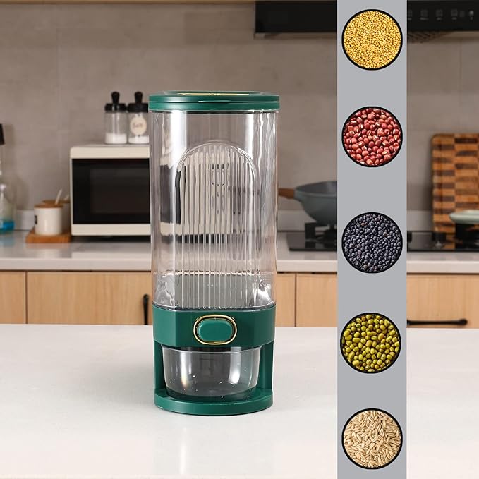 Sooyee Clear Rice Dispenser, Large Grain Container Storage with Lid Measuring Cylinder Moisture Proof Household Cereal Dispenser Bucket for Kitchen Soybean Corn,Clear and Green