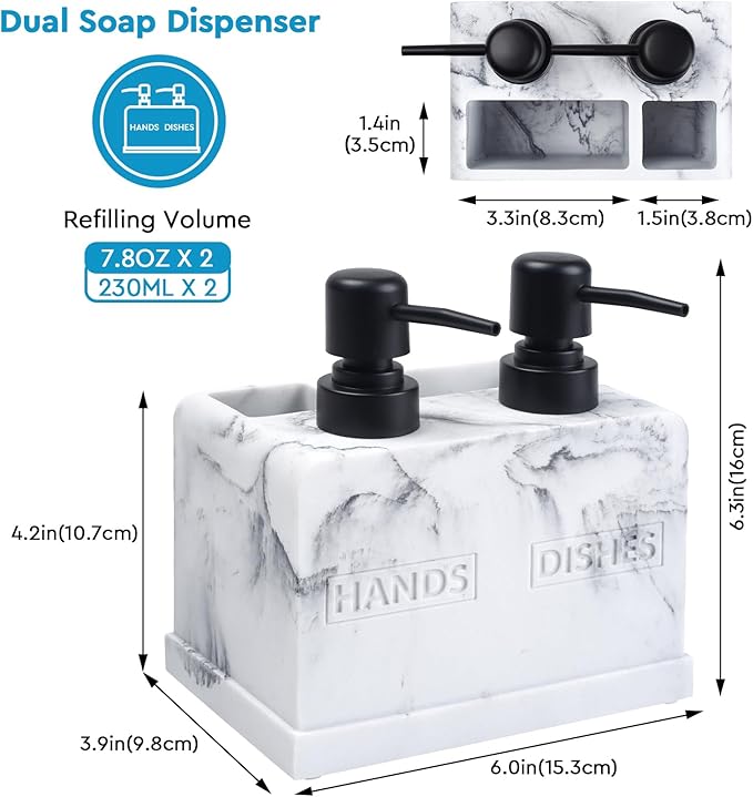 Kitchen Soap Dispenser Set,with Liquid Hand and Dish Soap,Sponge Holder and Brush Holder 4-in-1 Dual Soap Dispenser Set for Kitchen Sink, Bathroom - Artificial White Marble Look
