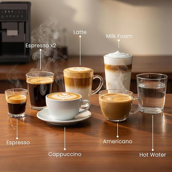 Kndko Fully Automatic Coffee Machine, 20 Bar Automatic Espresso Machine, Coffee Maker with Grinder for 15 Settings, Auto Self-Cleaning, Touch Control for Cappuccino & Latte, Removable Water Tank