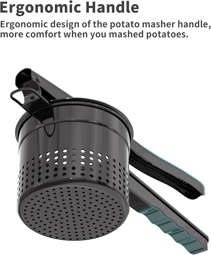 Livilord Large 15oz Potato Ricer, Heavy Duty Stainless Steel Ricer for Mashed Potatoes, Sweet Potato Masher Kitchen Tool with Ergonomic Handle, Press and Mash Kitchen Gadget, Black