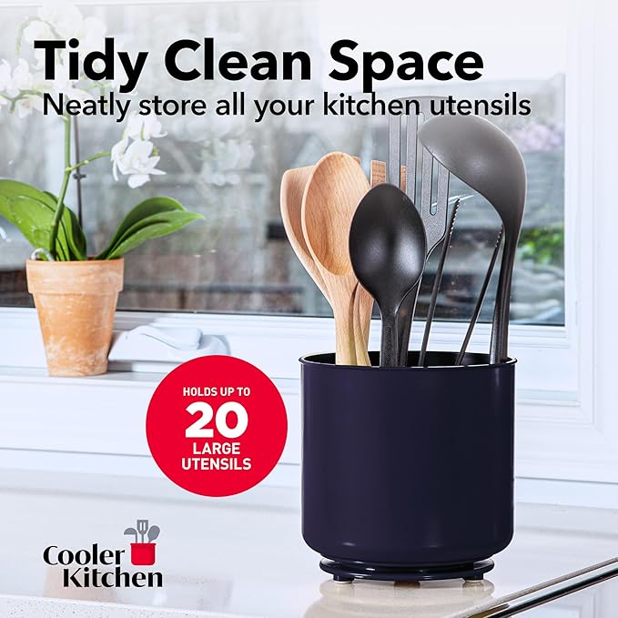 Cooler Kitchen Jumbo Plastic Rotating Extra Large Utensil Holder Crock with No-Tip Weighted Base, Removable Divider, and Gripped Insert - Kitchen Utensil Holder for Kitchen Counter: Blue Utensil Caddy