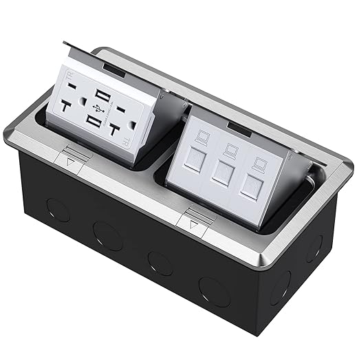 KYHSHJ Dual Pop-Up Floor Electrical Outlet Box Kit，20 Amp Stainless Steel USB TR Receptacle Outlet，3-Port RJ45 Datacom Receptacle，Waterproof Gasket with IP44 Waterproof Rating，ETL Listed, Silver