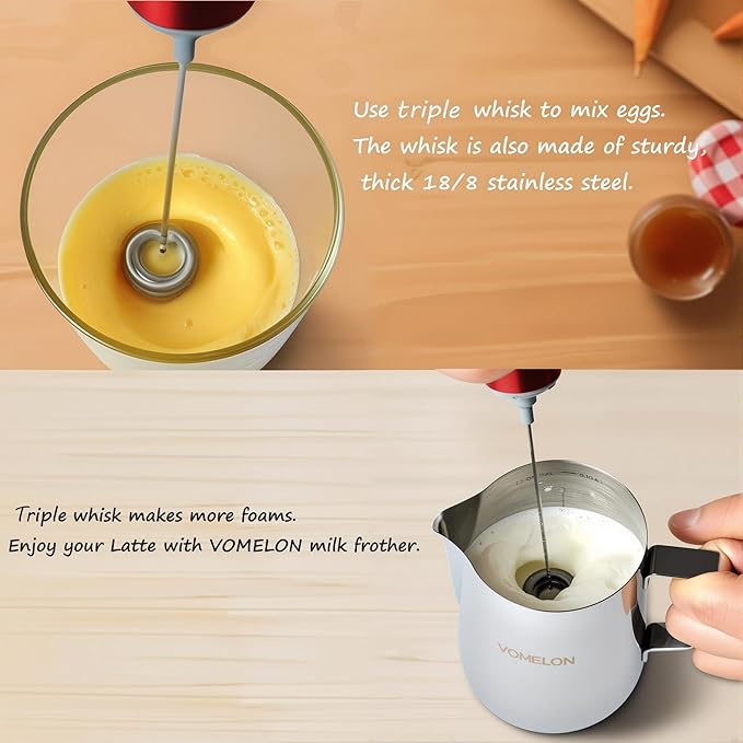 Milk Frother Handheld, Battery Operated Coffee Foamer Drink Mixer with 2 Stainless Steel Electric Whisks for Coffee, Latte, Cappuccino, Hot Chocolate, Protein， Batteries Included, Ruby Red