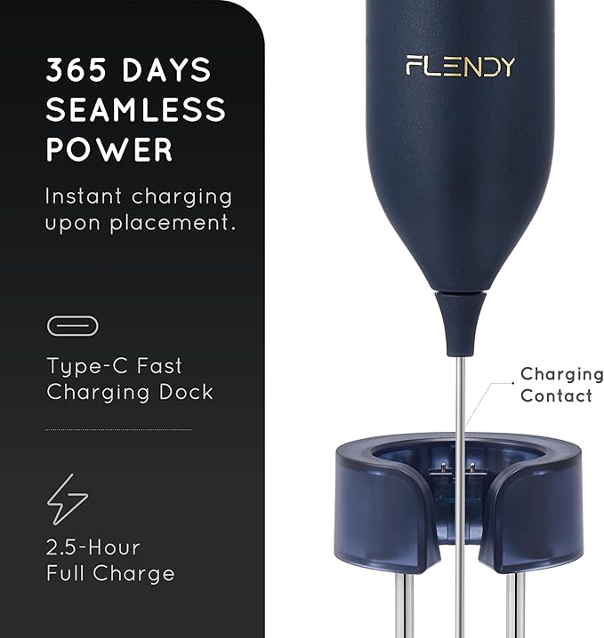 Flendy Rechargeable Milk Frother Handheld, Coffee Frother Handheld with USB-C Charging Stand, Electric Drink Mixer Handheld, Mini Electric Whisk Frother for Coffee, Matcha, etc