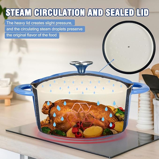Enameled Cast Iron Dutch Oven with Lid, 3 Quart Heavy Duty Cookware Pot with Dual Handles for Bread Baking, Braising, Stews, Roasting and Oven Safe, Blue