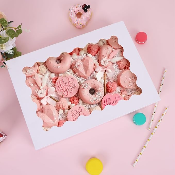 Moretoes 24pcs Bakery Boxes, 14x10x2.5 Inch Treat Boxes with Window for Chocolate Covered Strawberries, Donuts, Pies, Muffins and Pastries (White)