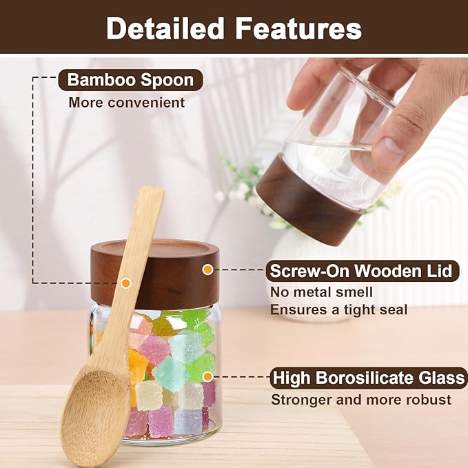 5oz Coffee Jars with Wood Lids, 4 Pack 160ml Clear Glass Storage Jars with Airtight Screw Lids, Empty Spice Bottles Food Storage Containers Meal Prep Canister for Salad, Sugar, Honey, Tea, Candy