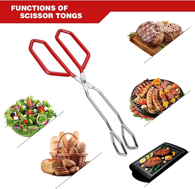 MSY BIGSUNNY Stainless Steel Scissor Tongs Heavy Duty Cooking Tongs with Soft Handles (2, red 11" + 11")