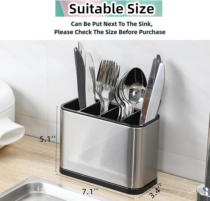 LIBODOUR Utensil Holder,Stainless Steel Caddy Counter,Spoon holder,4 Compartments Silverware Caddy,Capacity Flatware Spoon Fork Tool Cutlery Holder（Silvery）