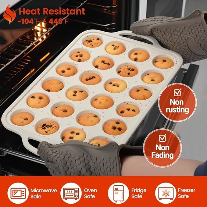 CAKETIME Mini Muffin Pan, Metal Reinforced Frame Mini Cupcake Pans 24 Cups Nonstick Muffin Silicone Molds with Handle for Baking Muffins, Cupcakes, Egg Bites 2 Pack
