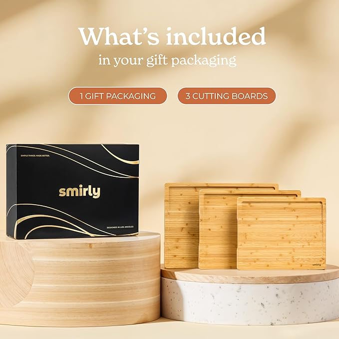 SMIRLY Bamboo Wooden Cutting Boards for Kitchen, Set of 3 Large - Small, Bamboo Wood Cutting Board Set with Deep Juice Grooves, Non Toxic Serving Tray, Perfect Mother's Day Gifts