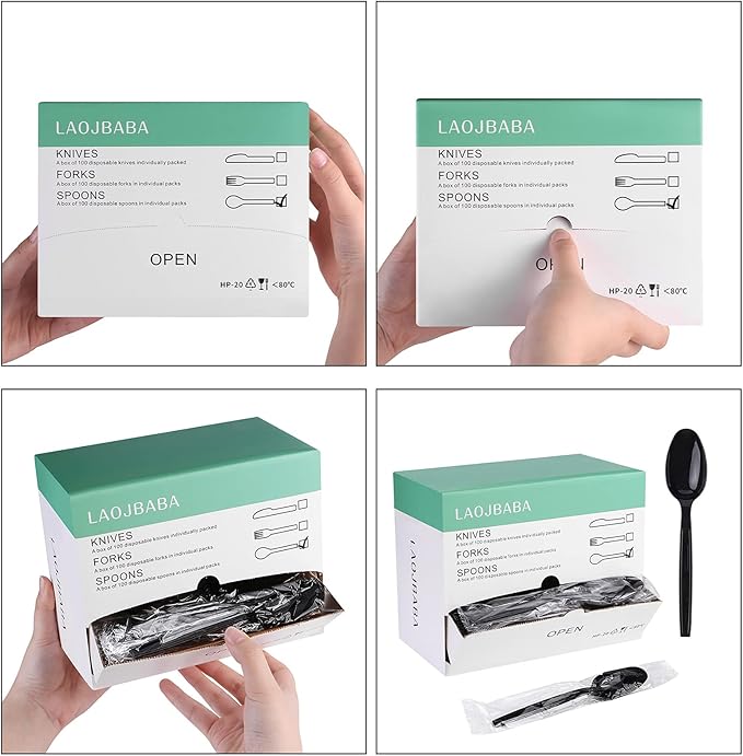 Plastic Spoons Disposable Individually Packaged Spoons Black 7-Inch Commercial Take Away,Super Hard Mass Heavy Individually Wrapped 100 PCS (Pack of 2)