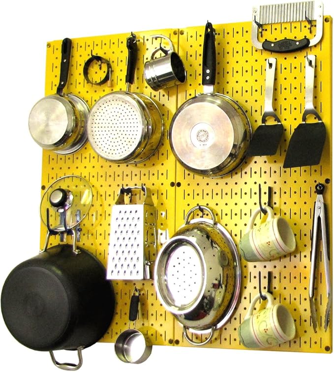 Wall Control Kitchen Pegboard Organizer Pots and Pans Storage Rack Organization Kit with Yellow Pegboard and Blue Accessories