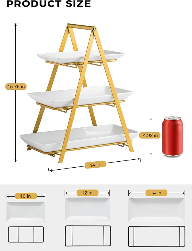 YHOSSEUN 3 Tier Serving Tray, Porcelain Tiered Tray Stand, 10+12+14 Inch Serving Platters and Trays with Collapsible Sturdier Rack, 3 Tiered Serving Stand Dessert Stands Treat Table Display Set, Gold
