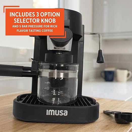 IMUSA Electric Espresso Cappuccino Maker 4 Cup Capacity with Milk Frother Black Coffee Machine for Home Barista Experience