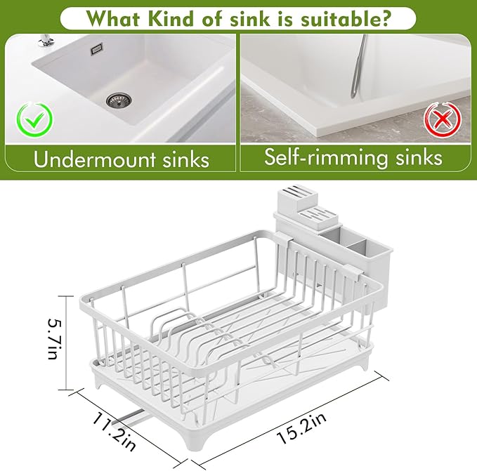 Kmiectse Dish Drying Rack - Space-Saving Small Dish Rack for Kitchen Counter, Rust-Resistant Kitchen Drying Rack, Compact Dish Drainer Organizer with Utensil Holder for Home Kitchen, White