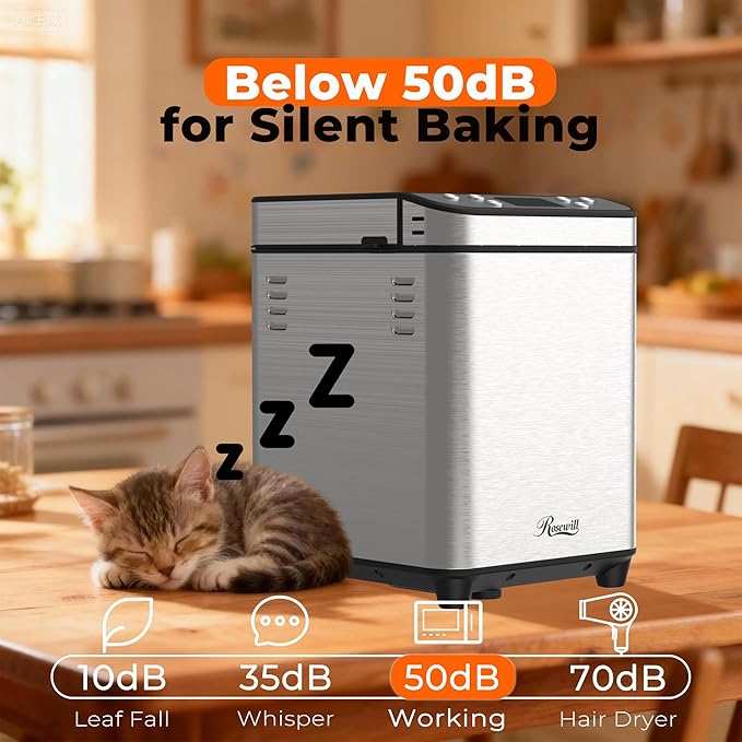 Rosewill 25-in-1 Automatic Bread Maker Machine with 3 Loaf Size up to 2 Lb, 700W High Power Dual Heater Bread Maker with BPA-free Nonstick Coating Pan, Max 15 Hours Delay Timer, Low Noise - Silver