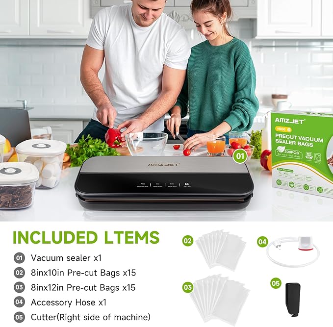 Food Sealer Vacuum Sealer-Tempered Glass Stainless Steel panel, LED Touch Control, Digital Display, Pulse/Moist/Dry/Seal/External Suction Modes, Includes 30 Vacuum Bags & Built-in Cutter (Black Gray)