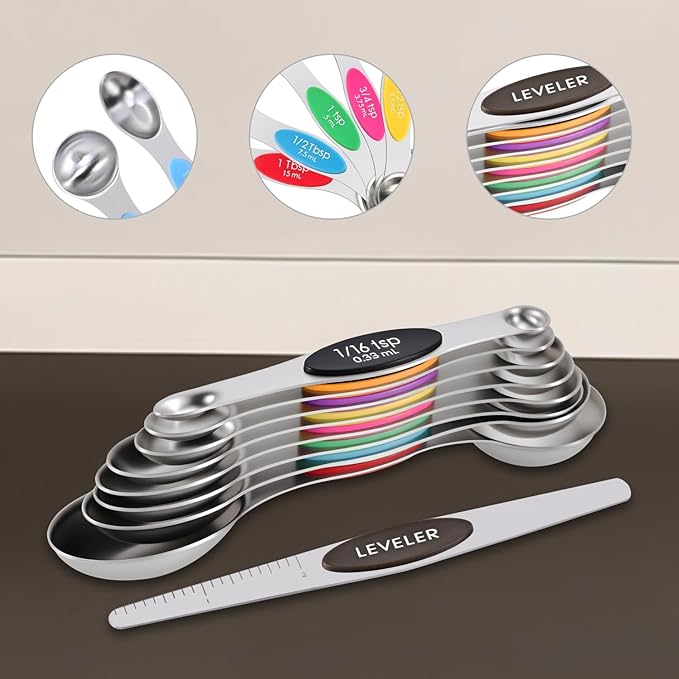 16-Piece Magnetic Measuring Cups and Spoons Set, Stainless Steel with Non-Slip Silicone Handles and Leveler, Essential Kitchen Baking Tools (Multicolor)