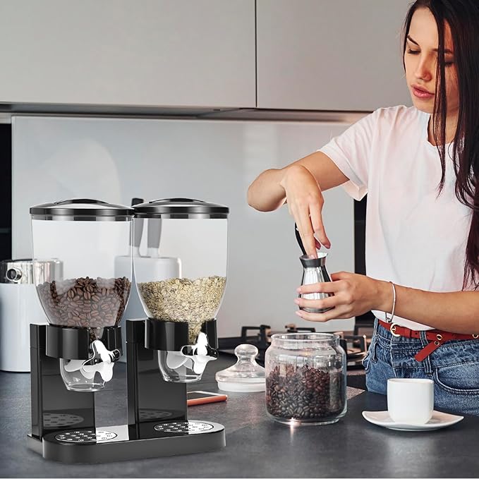 QWORK Double Dry Food Dispenser, 2L Capacity Each, Dry Cereal Grain Dispenser, Keeps Ingredients Fresh