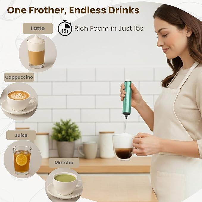 Milk Frother, Rechargeable Battery Operated Frother for Coffee,Portable Drink Mixer with 2 Stainless Steel Whisk Heads,Milk Foamer for Keto Coffee, Latte, Cappuccino, Hot Chocolate,Light Blue