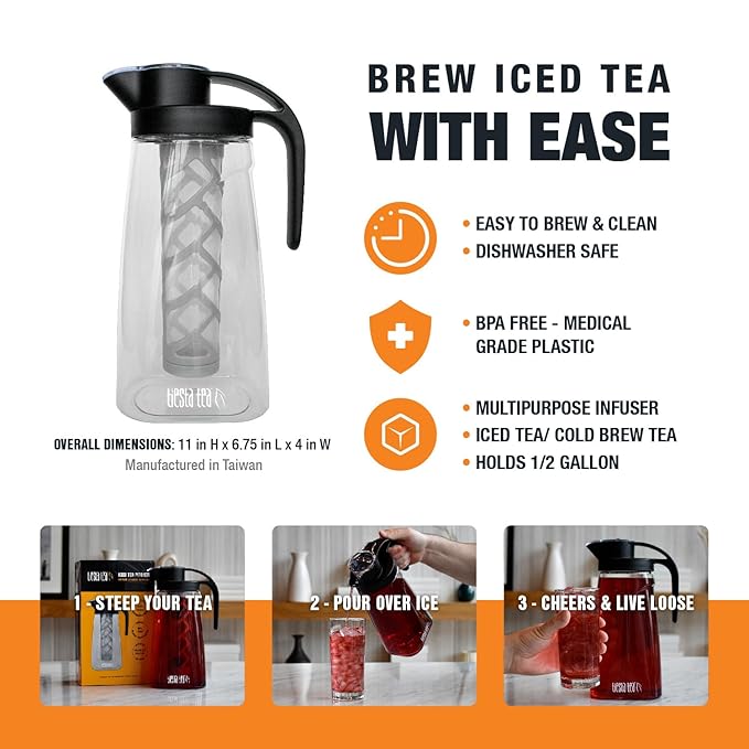 Tiesta Tea - Loose Leaf Iced Tea Pitcher, BPA-Free Tritan Plastic, Includes Multipurpose Nylon Mesh Infuser, Brew Hot & Cold, Leak-Proof Twist-On Lid, Dishwasher Safe, 1/2 Gallon Capacity