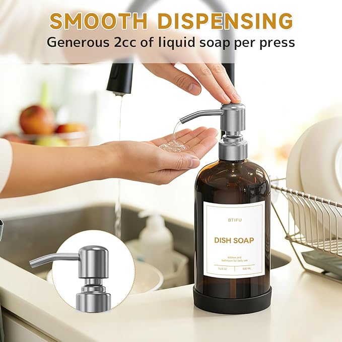 Kitchen Soap Dispenser Set – 16.8oz/500ml Glass Hand and Dish Soap Dispenser with Stainless Steel Pumps & Non-Slip Silicone Base, Luxury Countertop Decor for Home, Airbnb, Spa (Amber & Silver)