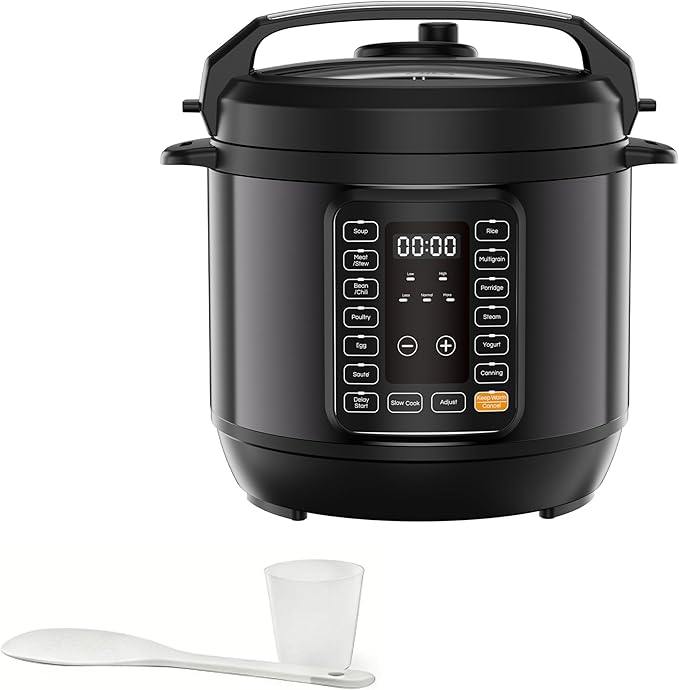 Simple Deluxe 6QT Electric Pressure Cooker, 16-in-1 & Non-Stick Stainless Steel Multi Cooker with 12 Presets for Slow Cook, Meat Stew, Steam, Sauté, Canning, Yogurt Maker, Dishwasher Safe, Black