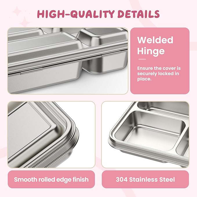 Stainless Steel Bento Box, 4-Compartment Metal Lunch Box with Removable Silicone, Lunch Container for Kids & Adults with Silicone Inner Container, School, Office, Dishwasher Safe(Pink)