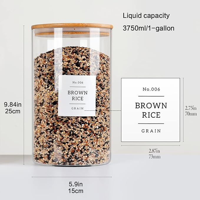 HHMJSM 1 Gallon Large Glass Food Storage Containers With Airtight Bamboo Lid - Kitchen Glass Storage Jars Canister With 42 Pantry Labels - Thicken Big Clear Rice Containers For Your Pantry