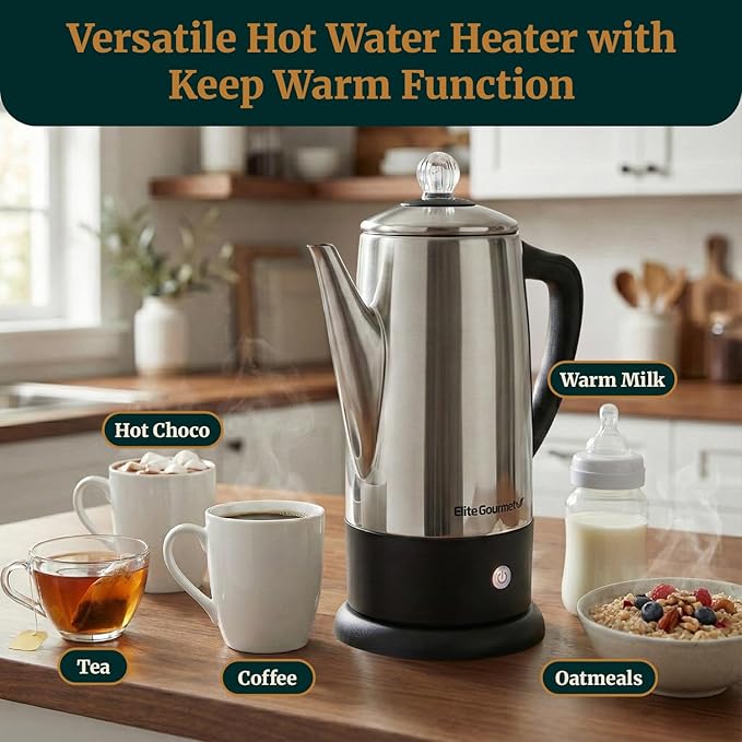 Elite Gourmet EC812 Electric 12-Cup Coffee Percolator with Keep Warm, Clear Brew Progress Knob Cool-Touch Handle Cord-less Serve, Stainless Steel