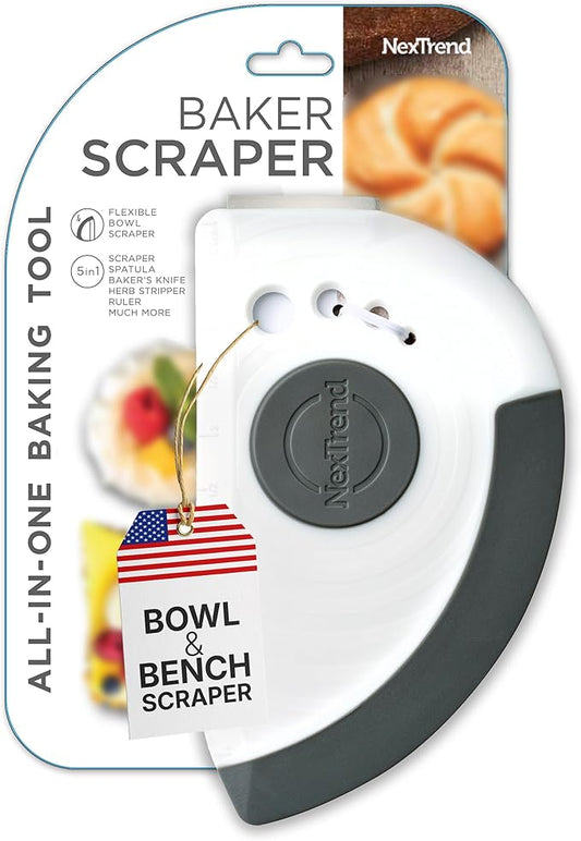 Nextrend BakerScraper – 5-in-1 Flexible Bowl Scraper, Bench Scraper and Dough Scraper with Stainless Steel Edge, Ruler & Herb Stripper – BPA Free, Dishwasher Safe - Gray