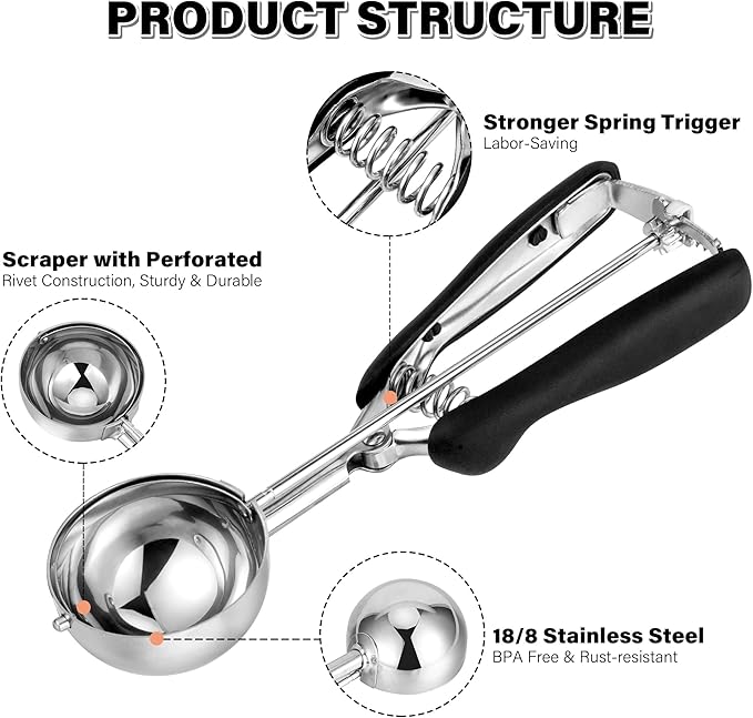Large Cookie Scoop 4 Tbsp, Professional Stainless Steel Ice Cream Scoop 60mm, Cupcake Scoop Muffin Scoop for Baking, Good Soft Grips, Quick Trigger Release, 60ml (4 Tablespoon)