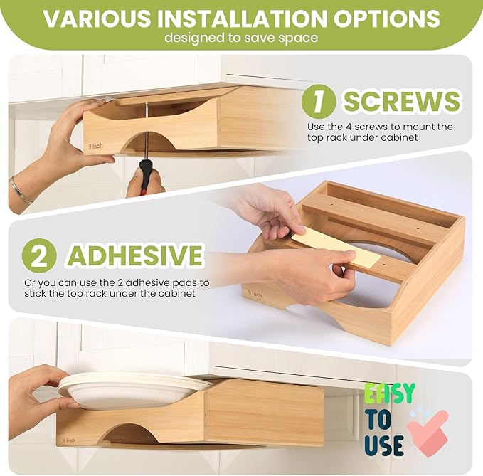 9-inch Paper Plate Dispenser Under Cabinet, Bamboo Paper Plate Holders, Kitchen Counter Vertical Plate Dispensers Holders Countertop Caddy(For 9-inch Plates, Bamboo)