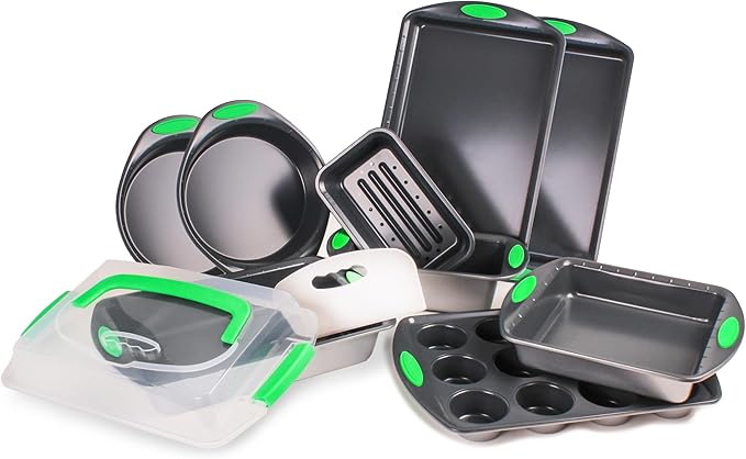 BergHOFF 11Pc Perfect Slice Bakeware Set, Covered Rectangle Cake Pan, Cookie Sheets, Muffin Pan, Loaf Pan, Round, Square and Rectangle Cake Pans, Slicer, Non Toxic, PFOA Free, Silver & Green