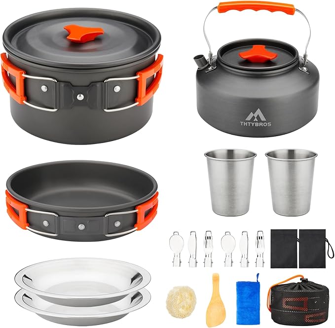 THTYBROS 17pcs Camping Cookware Kit, 0.45Gal Pot, 7inches Pan,0.30Gal Kettle Set with 2 Set Stainless Steel Cups Plates Forks Knives Spoons for Hiking