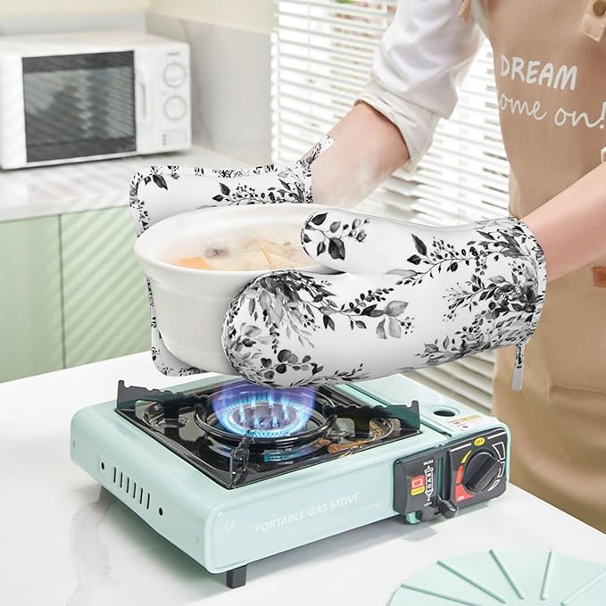 Black and White Eucalyptus Oven Mitts and Pot Holders Set, 4pcs Silicone Grey Watercolor Plant Leaves Oven Glove for Kitchen Heat Resistant Oven Mitts and Potholders Non-Slip for Cooking