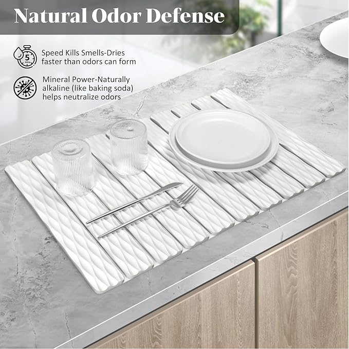 Large Stone Dish Drying Mats for Kitchen Counter, 24"×16" Wave-Pattern, Fast Drying Collapsible Dish Drying Mat, Eco-Friendly Absorbent Diatomaceous Earth Mats for Dishes Bottles, Match Countertop