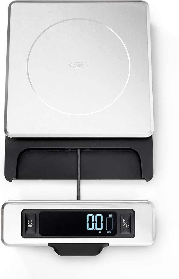 OXO Good Grips 11-Pound Stainless Steel Food Scale with Pull-Out Display & Good Grips 8 Piece Stainless Steel Measuring Cups and Spoons Set